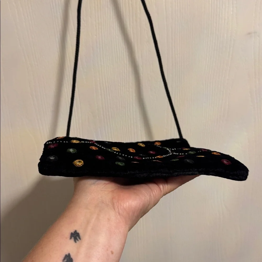 Velvet Beaded Black Crossbody Bag Colorful Design Classy Bohemian Zipper Close‎